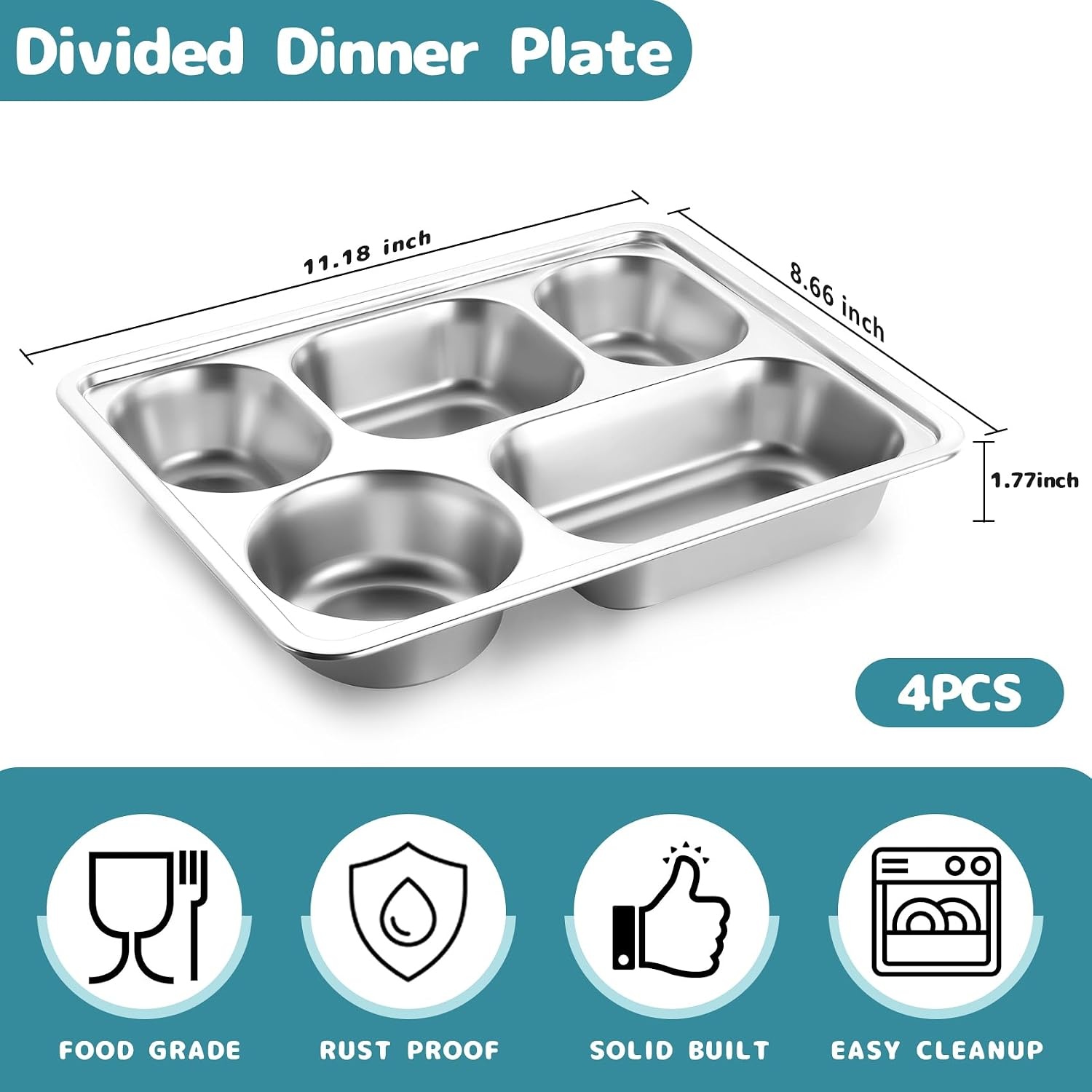 image:imageTeamFar Stainless Steel Divided Plates 2 Pack 5 Sections Dinner Plates for kids Toddler Metal Lunch Compartment Trays Portion Control Plates for Adults Balance Lunch Unbreakable amp Dishwasher Safe4