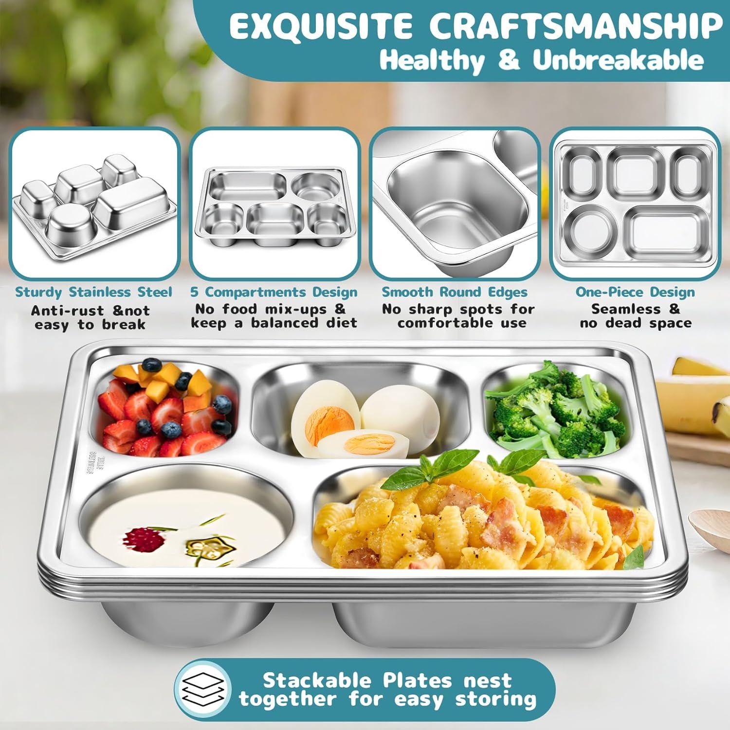 image:imageTeamFar Stainless Steel Divided Plates 2 Pack 5 Sections Dinner Plates for kids Toddler Metal Lunch Compartment Trays Portion Control Plates for Adults Balance Lunch Unbreakable amp Dishwasher Safe4