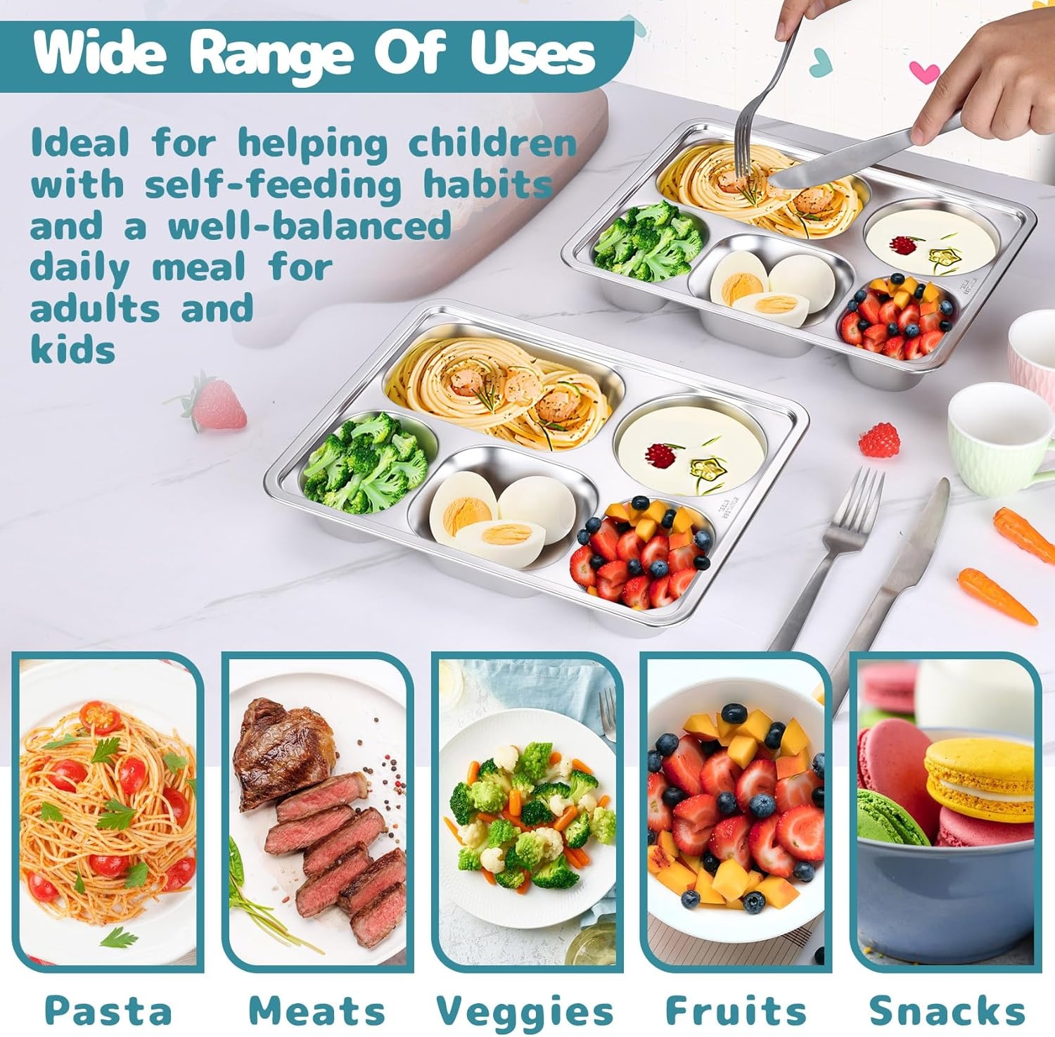 image:imageTeamFar Stainless Steel Divided Plates 2 Pack 5 Sections Dinner Plates for kids Toddler Metal Lunch Compartment Trays Portion Control Plates for Adults Balance Lunch Unbreakable amp Dishwasher Safe4