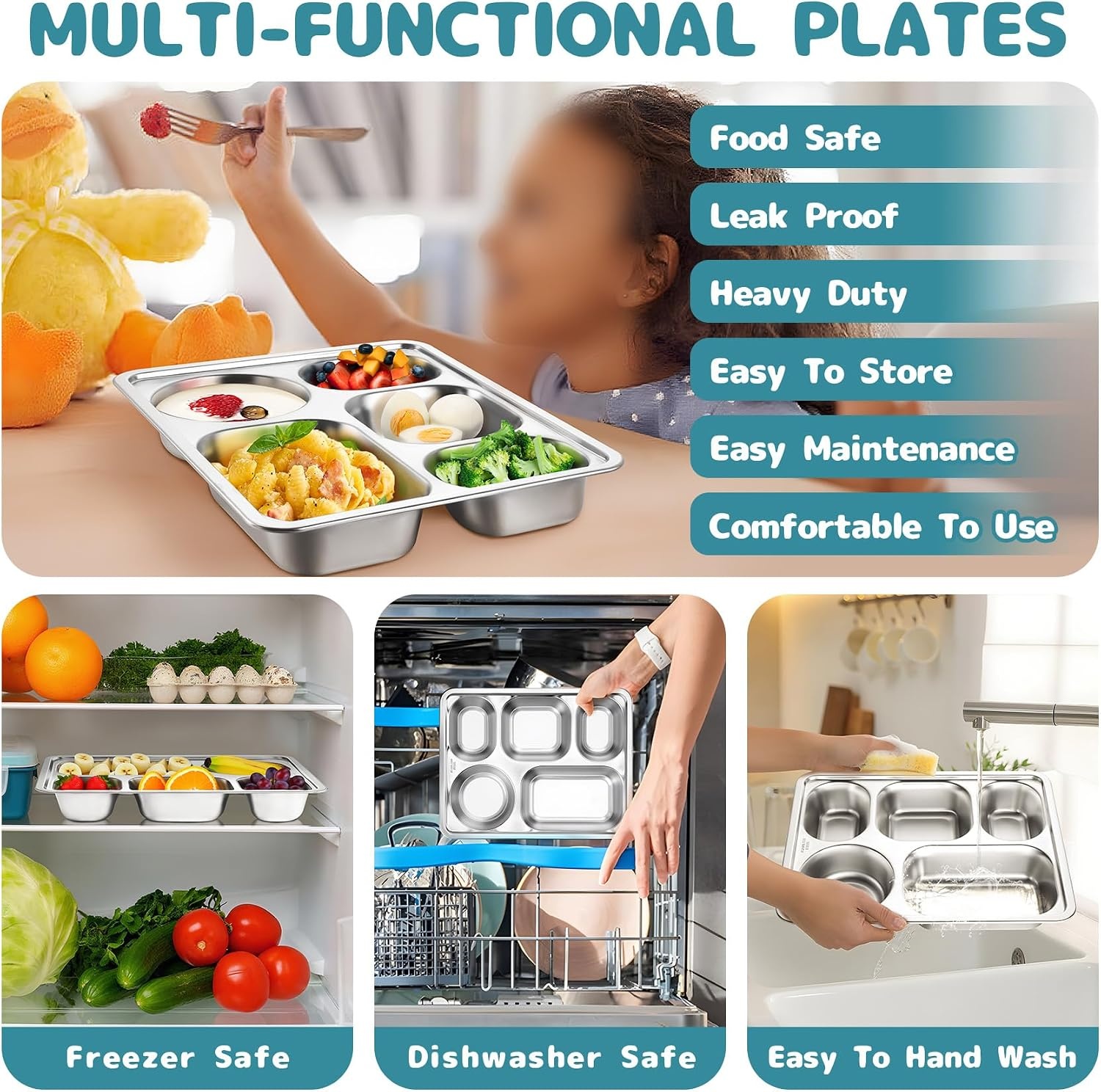 image:imageTeamFar Stainless Steel Divided Plates 2 Pack 5 Sections Dinner Plates for kids Toddler Metal Lunch Compartment Trays Portion Control Plates for Adults Balance Lunch Unbreakable amp Dishwasher Safe4