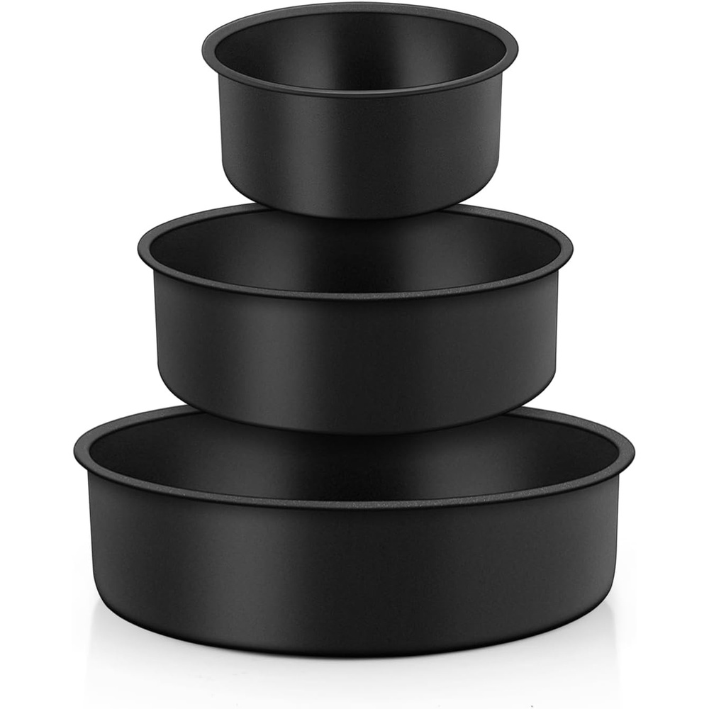 image:imageTeamFar Cake Pan 4 6 8 Round Baking Tier Pan Set with NonStick Coating Stainless Steel Core for Steaming Serving Healthy amp HeavyDuty Release Easily amp Easy Clean Set of 3 Black468Inch