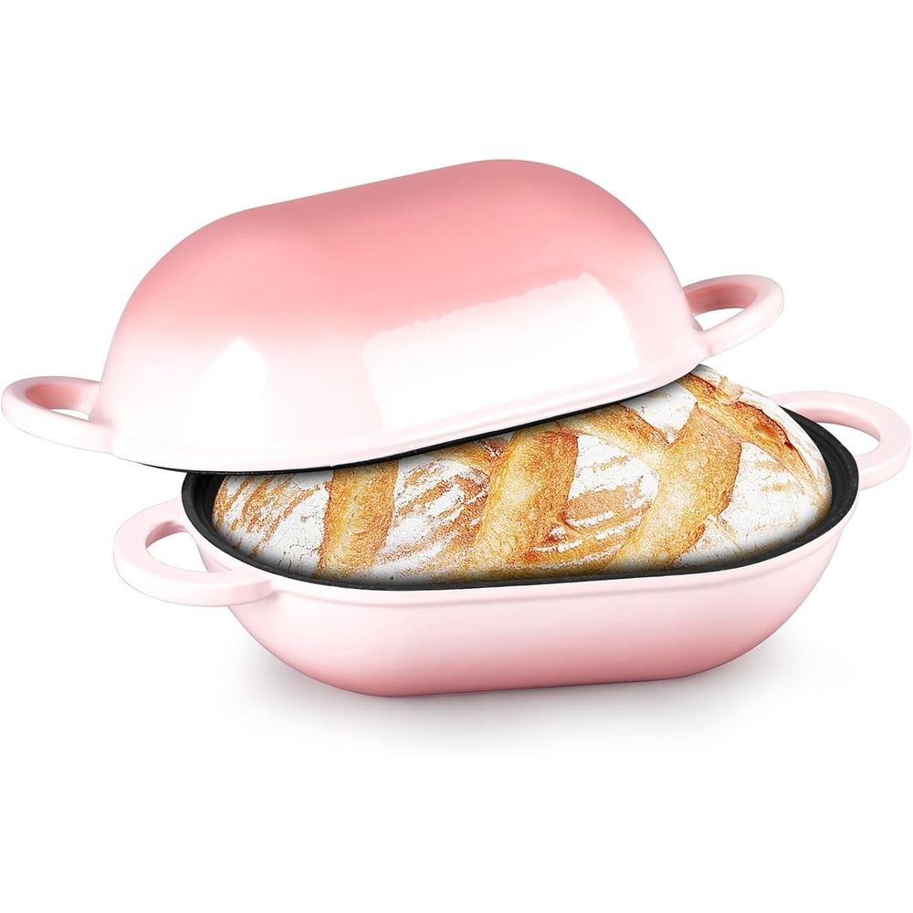 image:imageTeamFar Enameled Cast Iron Bread Loaf Pan 2 QT Oval Dutch Oven with Lid for Sourdough Bread Baking Enameled Meatloaf Loaf Baking Pan with Lid Even Heat Distribution amp SelfBasting BluePink