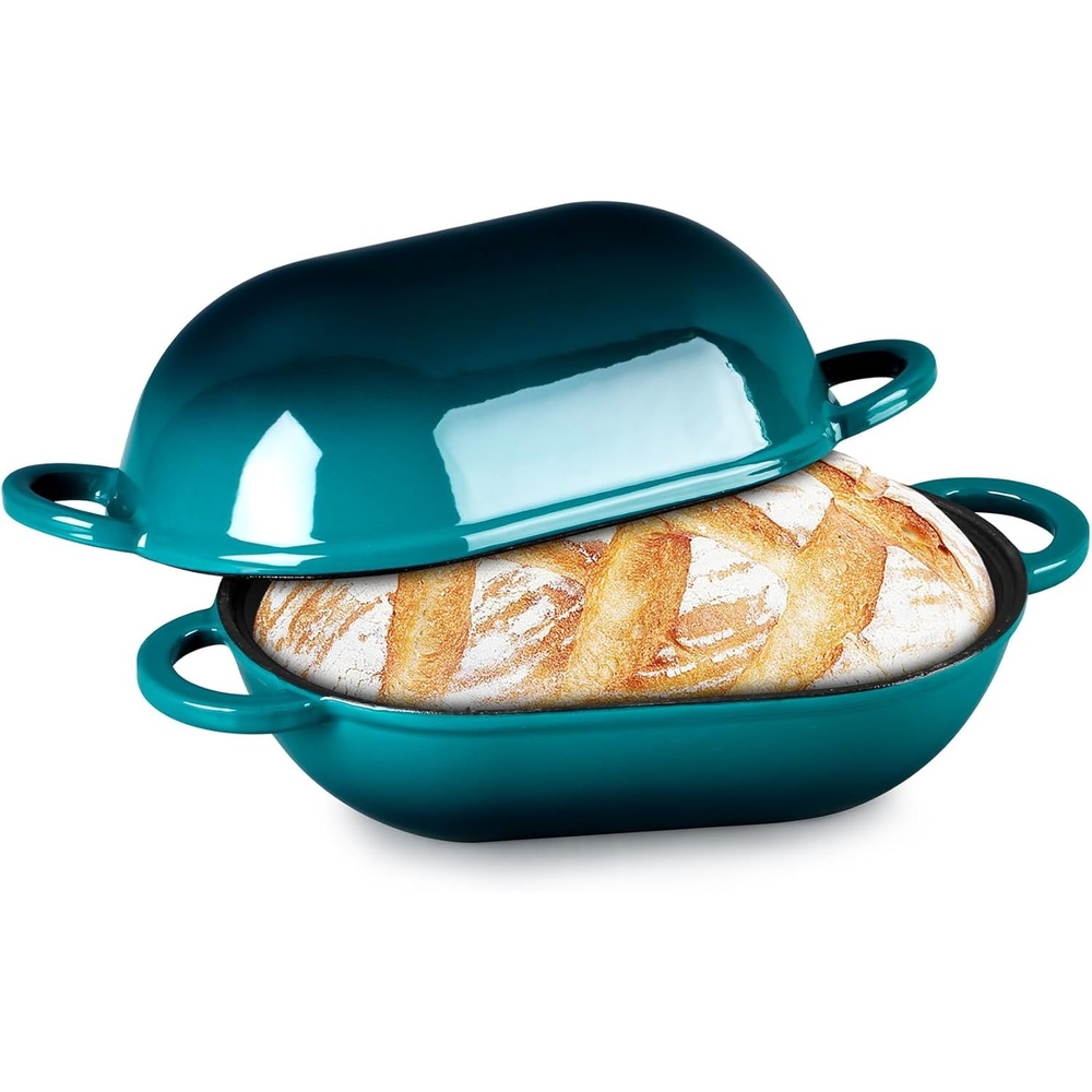 image:imageTeamFar Enameled Cast Iron Bread Loaf Pan 2 QT Oval Dutch Oven with Lid for Sourdough Bread Baking Enameled Meatloaf Loaf Baking Pan with Lid Even Heat Distribution amp SelfBasting BlueBasil Green
