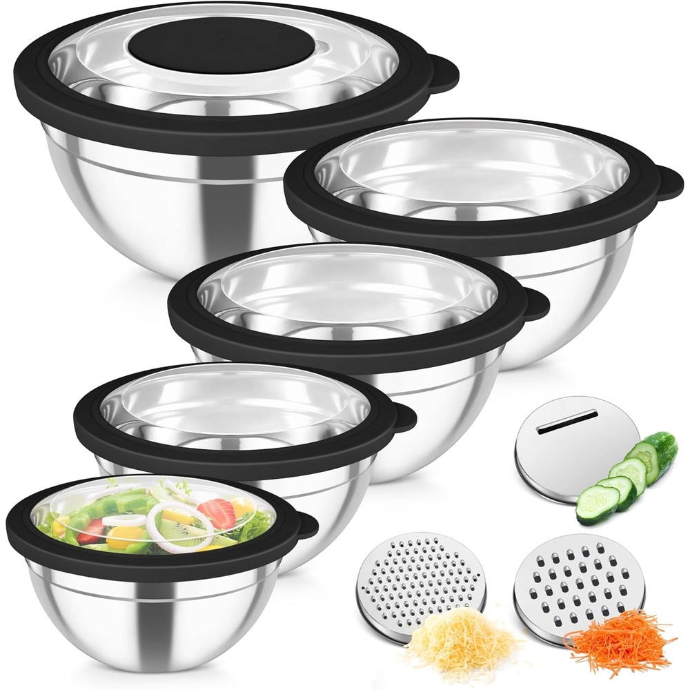 image:imageTeamFar Mixing Bowls Stainless Steel Salad Serving Bowl with Clear Lids amp 3 Graters For Kitchen Cooking Prepping Storing Size 462615107 QT Nesting amp Airtight Set of 5 amp BlackBlack