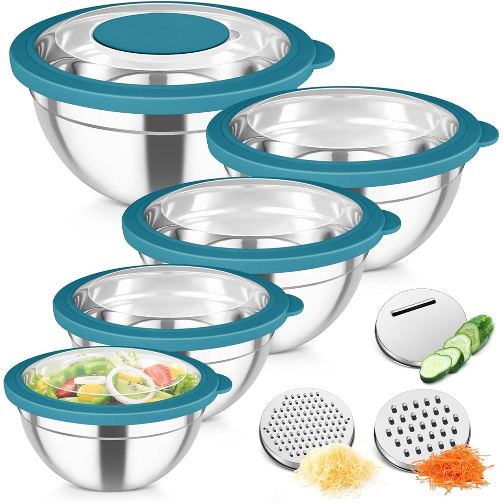 image:imageTeamFar Mixing Bowls Stainless Steel Salad Serving Bowl with Clear Lids amp 3 Graters For Kitchen Cooking Prepping Storing Size 462615107 QT Nesting amp Airtight Set of 5 amp BlackDark Blue
