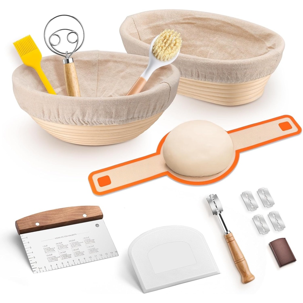 image:imageTeamFar Sourdough Bread Baking Supplies 9 Round and 10 Oval Sourdough Starter Kit Proofing Basket Set with Cloth Liner Bread Lame Whisk Dough Bowl Scraper Brush