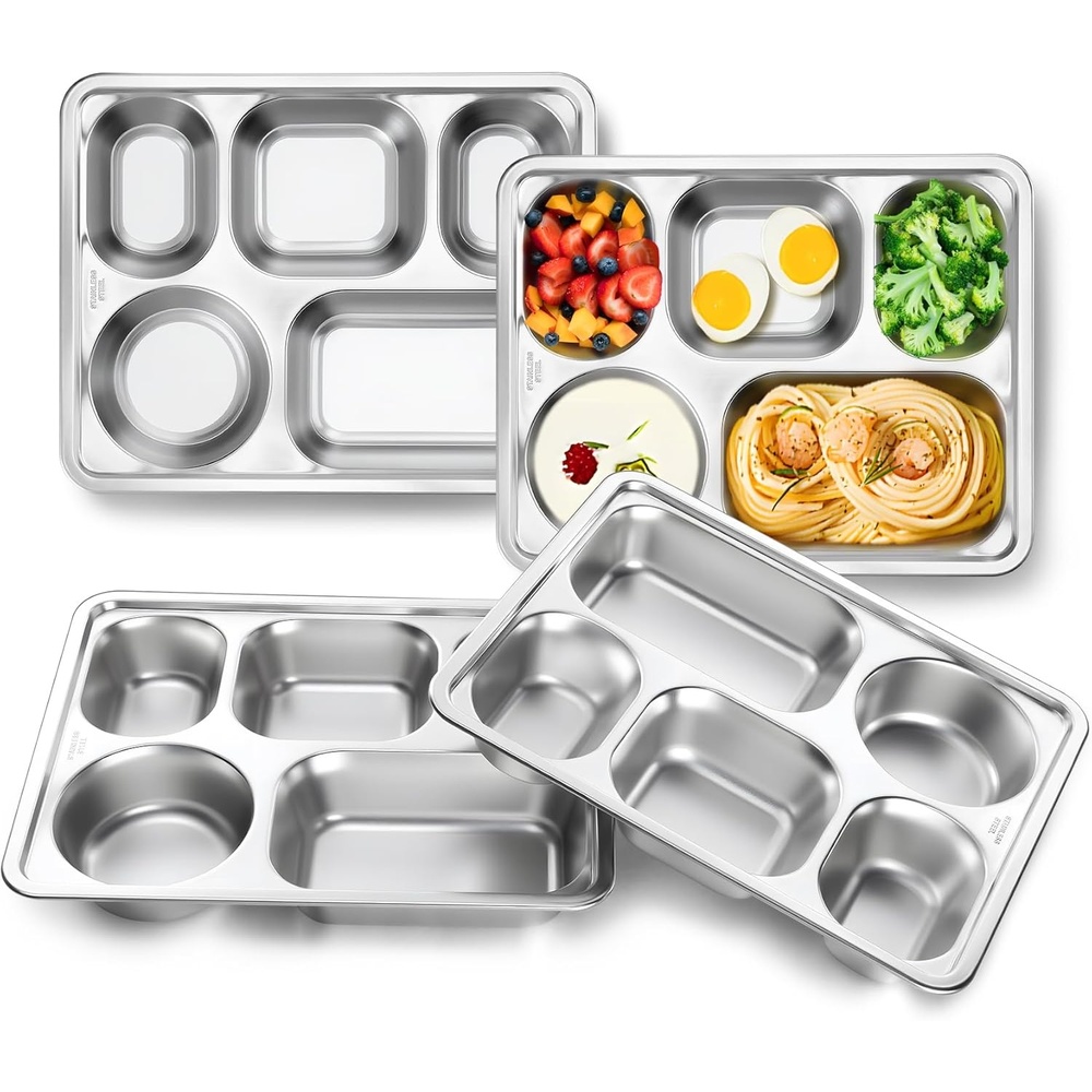 image:imageTeamFar Stainless Steel Divided Plates 2 Pack 5 Sections Dinner Plates for kids Toddler Metal Lunch Compartment Trays Portion Control Plates for Adults Balance Lunch Unbreakable amp Dishwasher Safe4