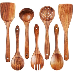 image:imageTeamFar Cooking Utensils 7 PCS Natural Wood Kitchen Cooking Utensils Set Wooden Spoons for Cooking Heat Resistant Wooden Spoon Spatula Ladle Smooth Teak for Nonstick Cookware Comfortable Grip