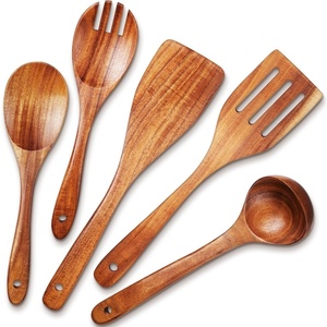 image:imageTeamFar Cooking Utensils Set 5 PCS Natural Wood Kitchen Utensils Wooden Spoons for Cooking Smooth Teak for Nonstick Cookware Heat Resistant Wooden Spatula Ladle Comfortable Grip Easy to Clean