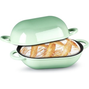 image:imageTeamFar Enameled Cast Iron Bread Loaf Pan 2 QT Oval Dutch Oven with Lid for Sourdough Bread Baking Enameled Meatloaf Loaf Baking Pan with Lid Even Heat Distribution amp SelfBasting BluePistachio Green