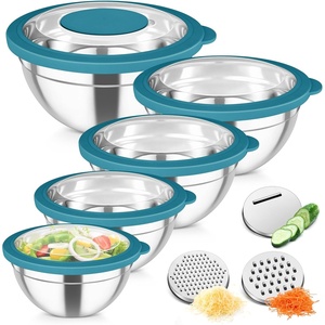 image:imageTeamFar Mixing Bowls Stainless Steel Salad Serving Bowl with Clear Lids amp 3 Graters For Kitchen Cooking Prepping Storing Size 462615107 QT Nesting amp Airtight Set of 5 amp BlackDark Blue