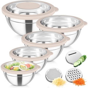 image:imageTeamFar Mixing Bowls Stainless Steel Salad Serving Bowl with Clear Lids amp 3 Graters For Kitchen Cooking Prepping Storing Size 462615107 QT Nesting amp Airtight Set of 5 amp BlackKhaki