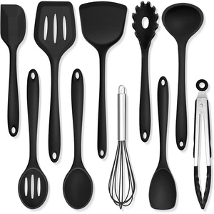 image:imageTeamFar Silicone Cooking Utensils 10 pcs Kitchen Cooking Utensils Set 446F Heat Resistant Kitchen Gadgets Tools Set wSpatula Turners Spoons Soup Ladle Pasta Server for Nonstick Cookware BlackBlack
