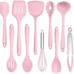 image:imageTeamFar Silicone Cooking Utensils 10 pcs Kitchen Cooking Utensils Set 446F Heat Resistant Kitchen Gadgets Tools Set wSpatula Turners Spoons Soup Ladle Pasta Server for Nonstick Cookware BlackPink