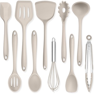 image:imageTeamFar Silicone Cooking Utensils 10 pcs Kitchen Cooking Utensils Set 446F Heat Resistant Kitchen Gadgets Tools Set wSpatula Turners Spoons Soup Ladle Pasta Server for Nonstick Cookware BlackKhaki