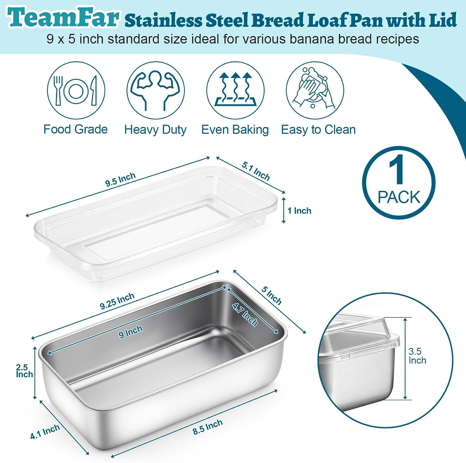 image:imageTeamFar Loaf Pans for Baking Bread 9 x 5 Inch Stainless Steel Bread Loaf Pan with Lid Meatloaf Pan Tin for Homemade Bread Brownies Meal Prep Storage Healthy amp Dishwasher Safe Set of 21