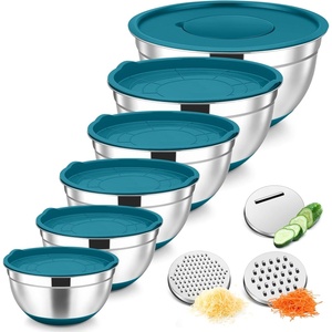 image:imageTeamFar Mixing Bowls 6 PCS Stainless Steel Nesting Salad Bowl with Lids amp 3 Graters For Kitchen Cooking Serving Prepping Airtight amp NonSlip Size 4635215107 QT KhakiDark Blue