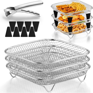 image:imageTeamFar Square Air Fryer Rack 772 Stainless Steel Stackable Air Fryer Basket Accessories for Frying Roasting Baking 3pcs Dehydrator Rack with Silicone Feet amp Clip Oven amp Dishwasher Safe